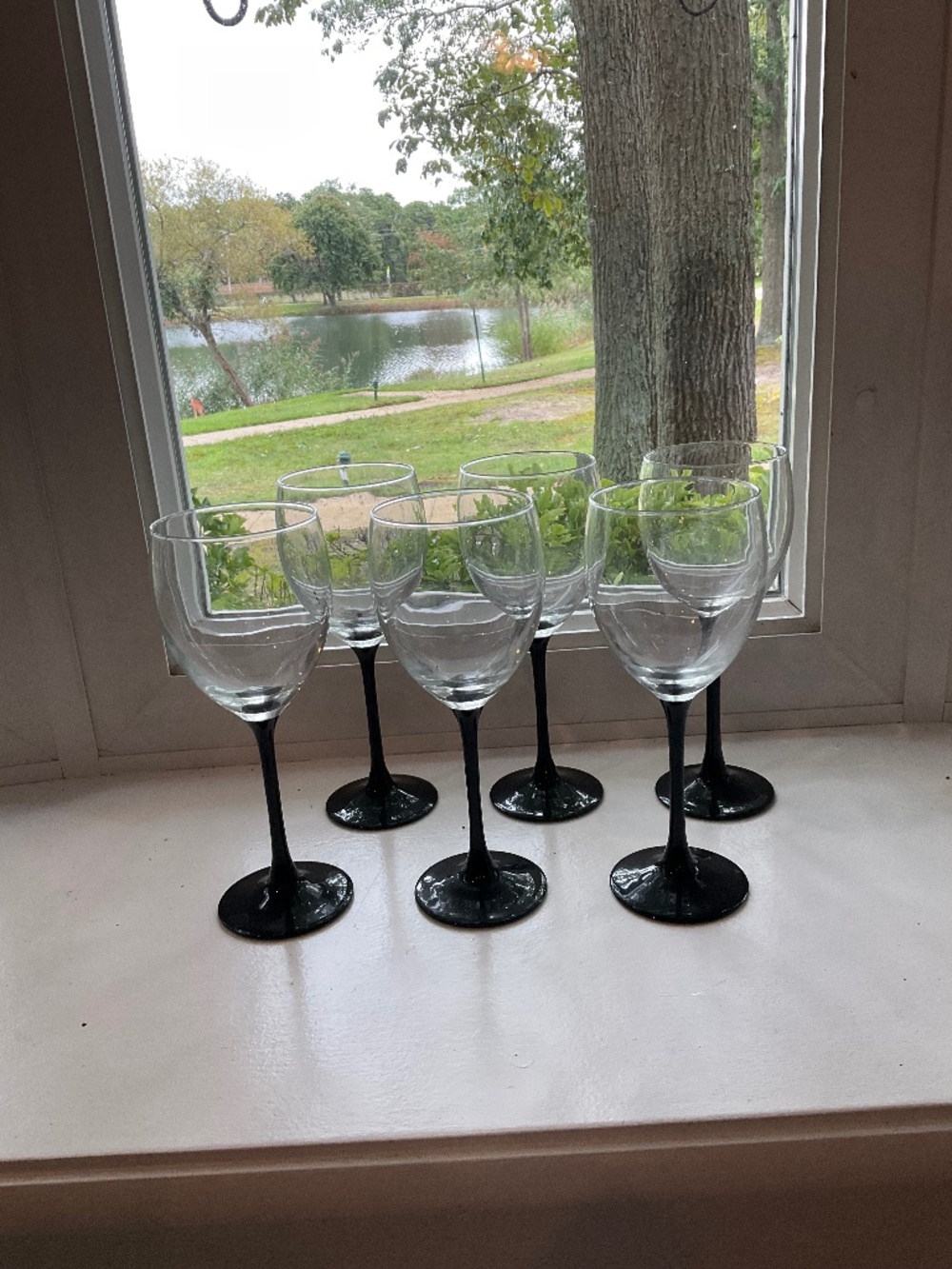 EUC Set 6 Vintage Luminarc France Black Stem Wine Coupe Glasses